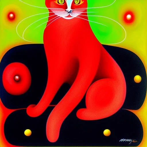 oil portrait of a Red cat sitting in a Black sofa by Joan Miró 8k