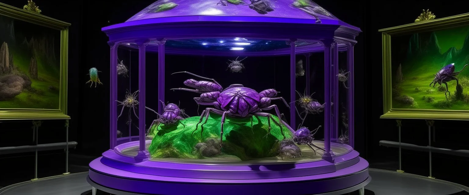 A purple observatory with grasshoppers made out crystals painted by Michelangelo di Lodovico Buonarroti Simoni