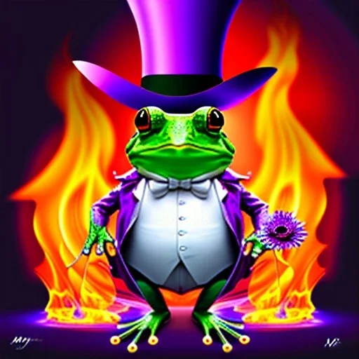 frog wearing a top hat watching flowers burn with a purple flame, digital art