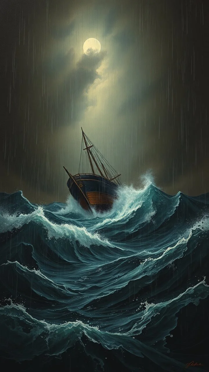 Rain and storm in an ocean with high waves , a big ship is sinking , Bosch painting style, nightmare , all In dark brown background