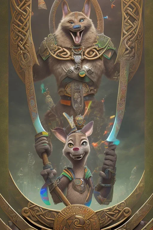  Photorealistic painting Portrait voluptuous female Celtic Chief iron maiden rainbow celtic tribal tattoos, bow with arrows, full detail, 8k Neko Erokawa, style of Zootopia