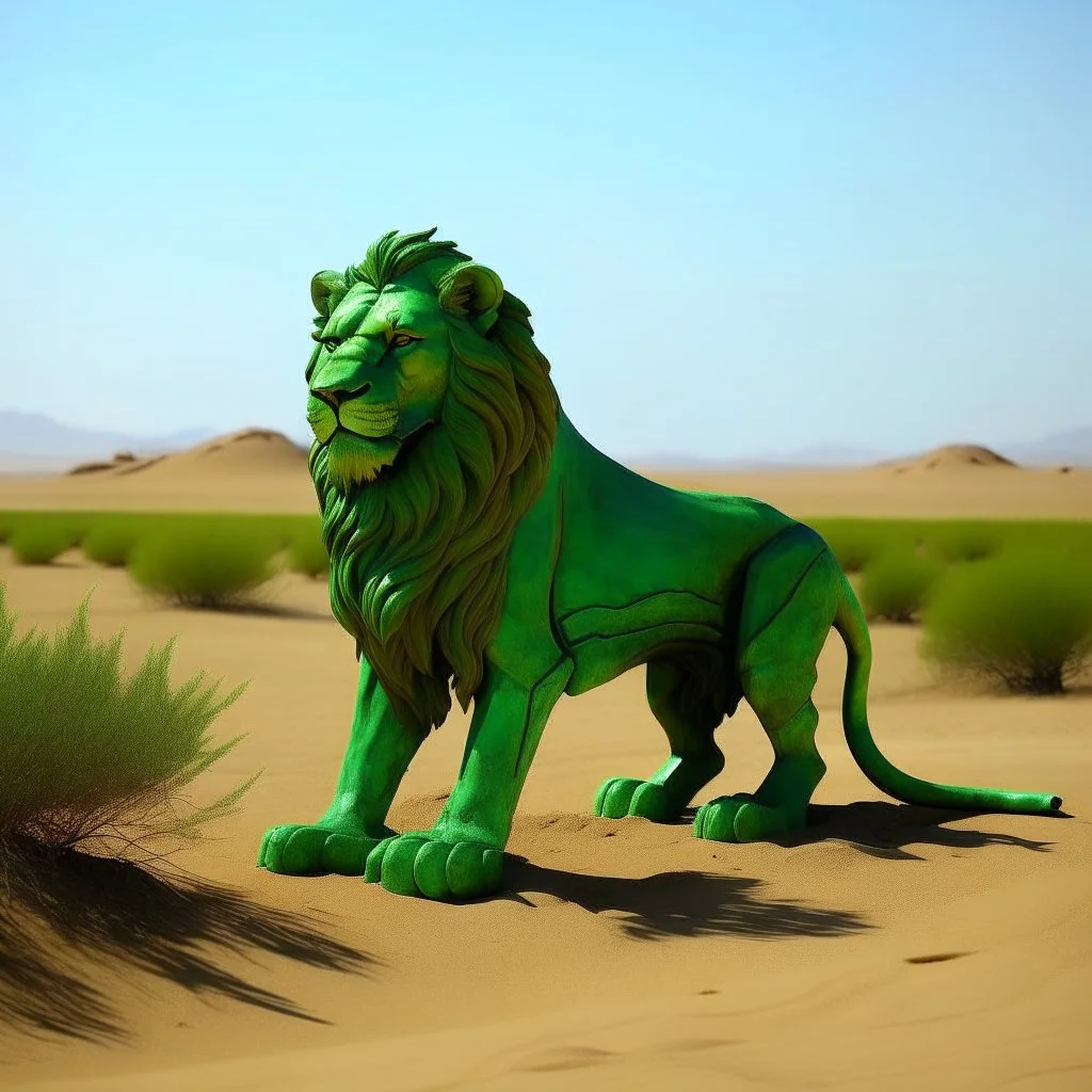 a green lion in the desert