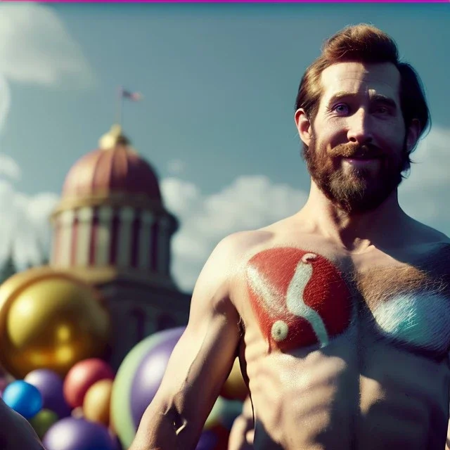 Ultra realistic circus scene. Naked stronger man, waist up view, Wes Anderson style, happy, bubbles, highly detailed, concept art, unreal engine 5, god rays, ray tracing, RTX, lumen lighting, ultra detail, volumetric lighting, 3d, finely drawn, high definition, high resolution.