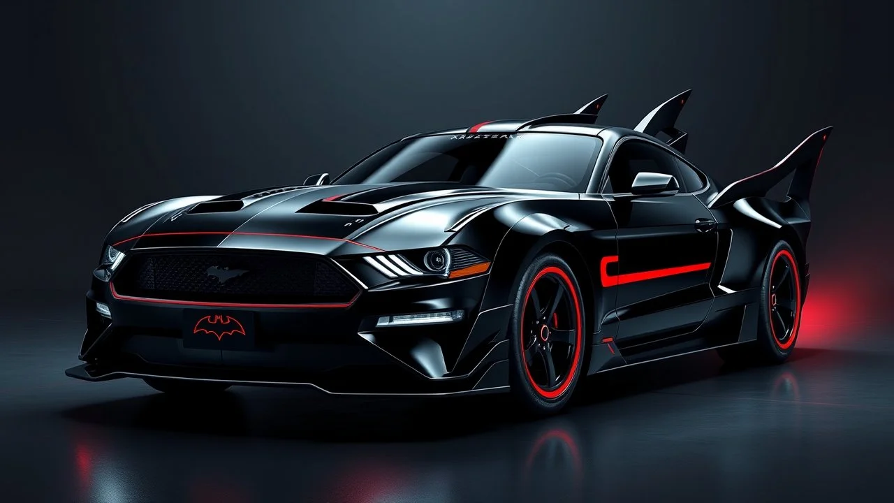 batmobile concept inspired from a 2025 ford mustang dark horse with a large elaborate spoiler and batman symbol style fins, batman symbol in grille, lower wind deflector. red stripes like 1960s adam west batmobile