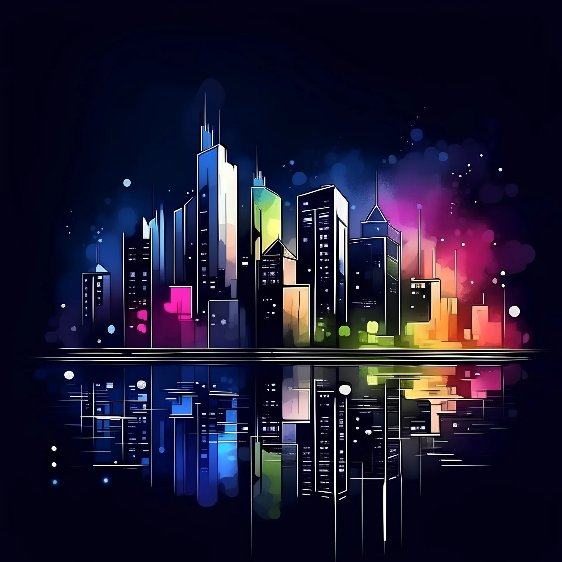 a game icon of a modern city night view, water paint graphic style, dark background