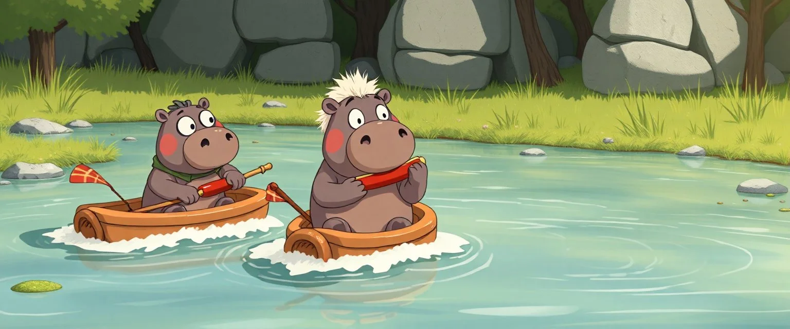 realistic ghibli crazy cute small fluffy hippo scientist with friends, eating hot dogs, while sailing down a stream on small boats