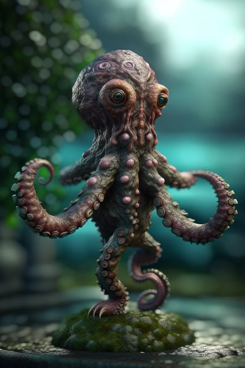 portrait of hairy octopus with human head dancing round a stone pole, in the style of fantasy movies, photo-realistic, shot on Hasselblad h6d-400c, zeiss prime lens, bokeh like f/0.8, tilt-shift lens 8k, high detail, smooth render, down-light, unreal engine 5, cinema 4d, HDR, dust effect, vivid colors, smoke, dust, fireflies