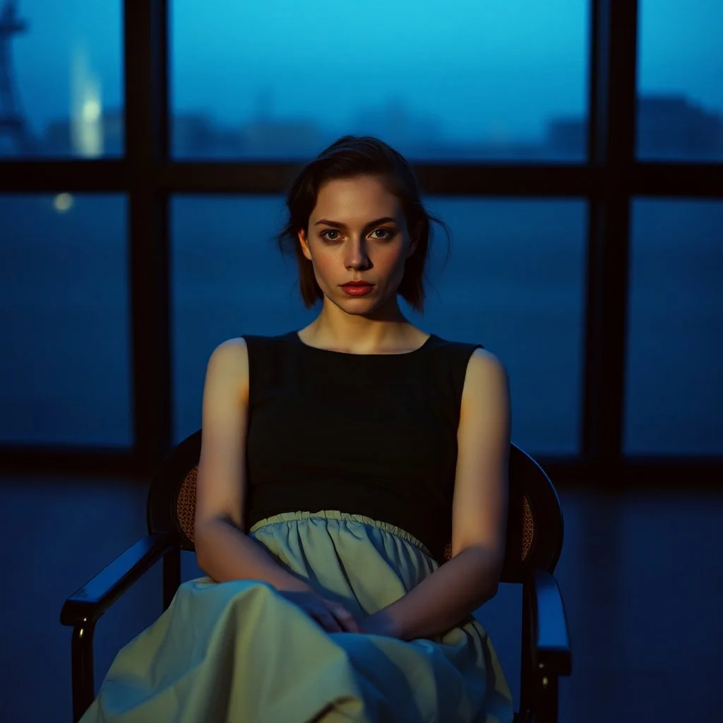Actress Mia Goth in a chair,, blue hour