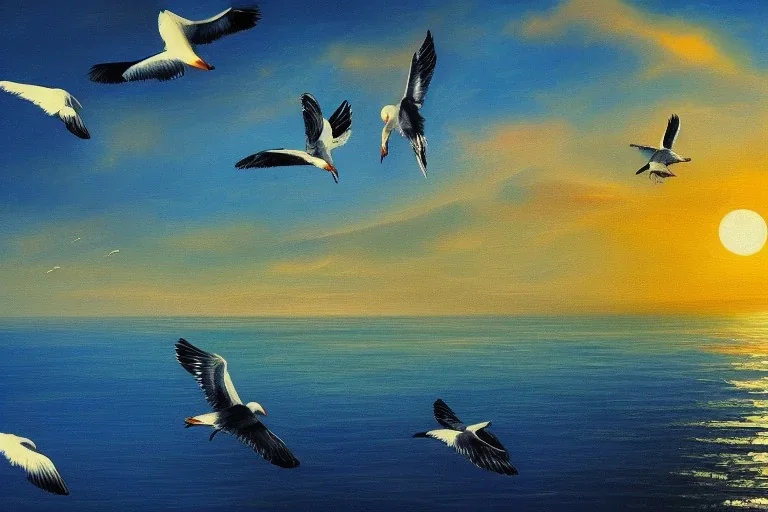 seagulls flying over the sea in the evening, oil painting deviant art wallpaper