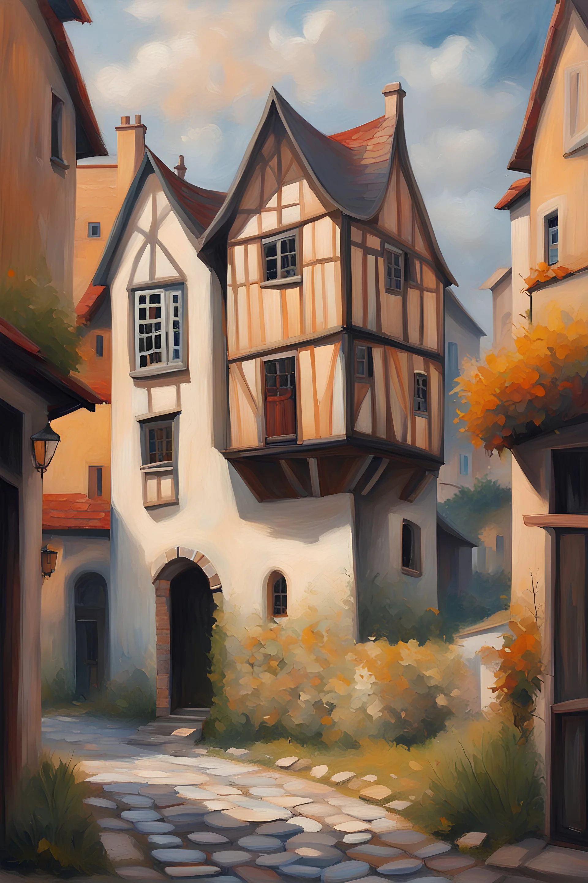 An oil painting where a modern two-storey house stands Against the background of a small medieval town, in a house where instead of a window there is a picture of a cat