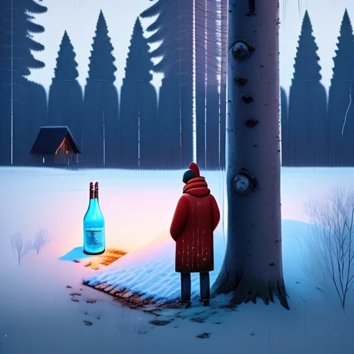 a sad Finnish man without food on his plate, outside his house in the forest, Winter, snow, very cold, Finnish flag down at half way up, Finnish flag, a bottle of Koskenkorva in his hand, knifes and sauna, Simon Stålenhag style