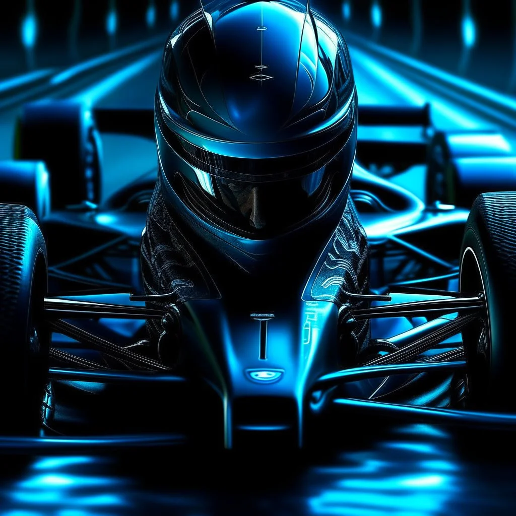 close up of fantastical Formula One racer as a Grim Reaper with blue glowing eyes determinedly gripping the steering wheel doomed to driving in an eternal race, horror, intricately detailed, complex contrast, dynamic composition; cinematic lighting; meticulously composed concept art, masterpiece, modern movie poster composition, cell-shaded, kinetic