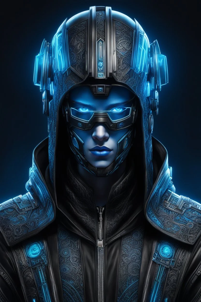 Someone wears a black Robe-Style costume and glass Cyberpunk helmet , full helmet cover , black and blue color, cyberpunk drawing style, neon, full body, intricate details, highly detailed, high details, detailed portrait, masterpiece,ultra detailed, ultra quality