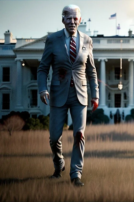 Ultra realistic image, joe biden zombie, zombie performance, blood, torn arm, night, walking twisted, waist up view, walking dead style, dark ambient, highly detailed, White House background, concept art, unreal engine 5, god rays, ray tracing, RTX, lumen lighting, ultra detail, volumetric lighting, 3d, finely drawn, high definition, high resolution.