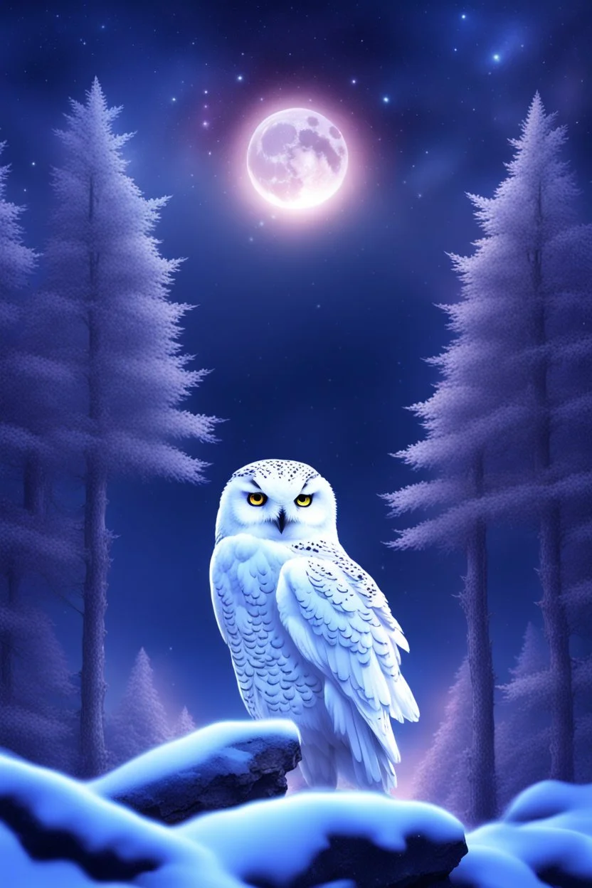 Beautiful snow owl in a magical forest with magical cosmic sky.