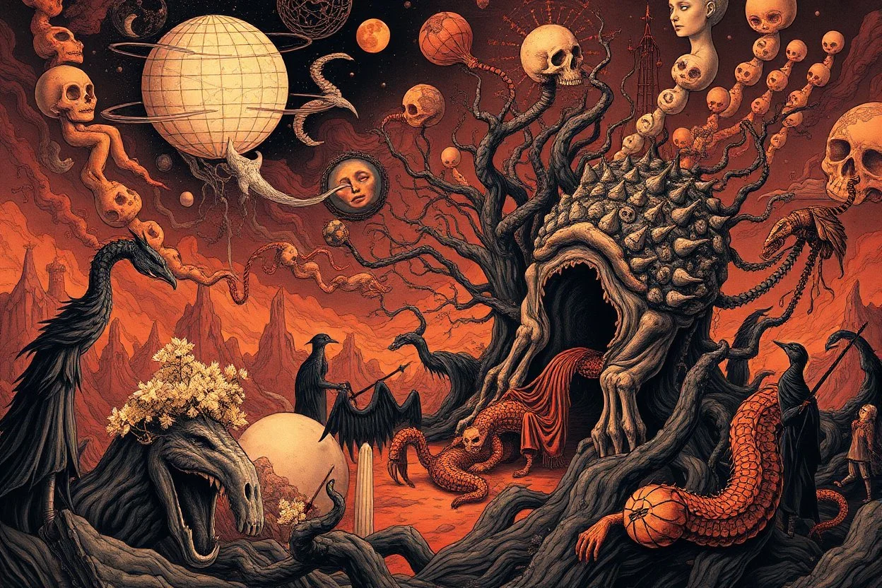 Surrealist art, bold lines, hyper detailed, a dark warm limited palette, the Realm of Dreams, symbolic, intricate, detailed