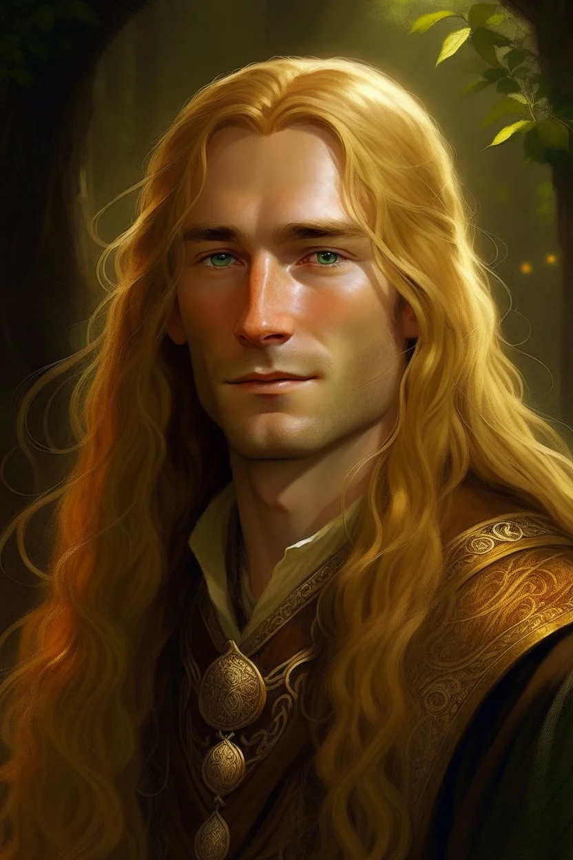 A young serene Lord Of The Rings like man with long golden hair that cascades gracefully. His open eyes, with blind pupils, reflect a depth of wisdom and inner peace. A gentle smile graces his face, adding warmth to his tranquil demeanor.