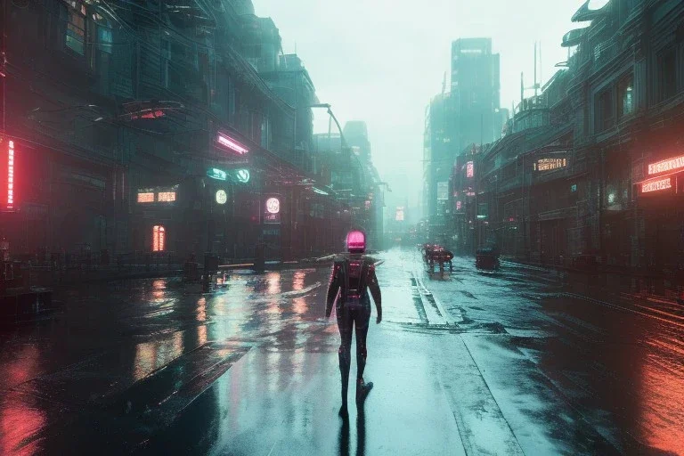 3D, beautiful, light reflecting, empty future city at night, rainy night, neon, cyberpunk, tron, person with helmet walking, 8k, finely detailed, photo realistic