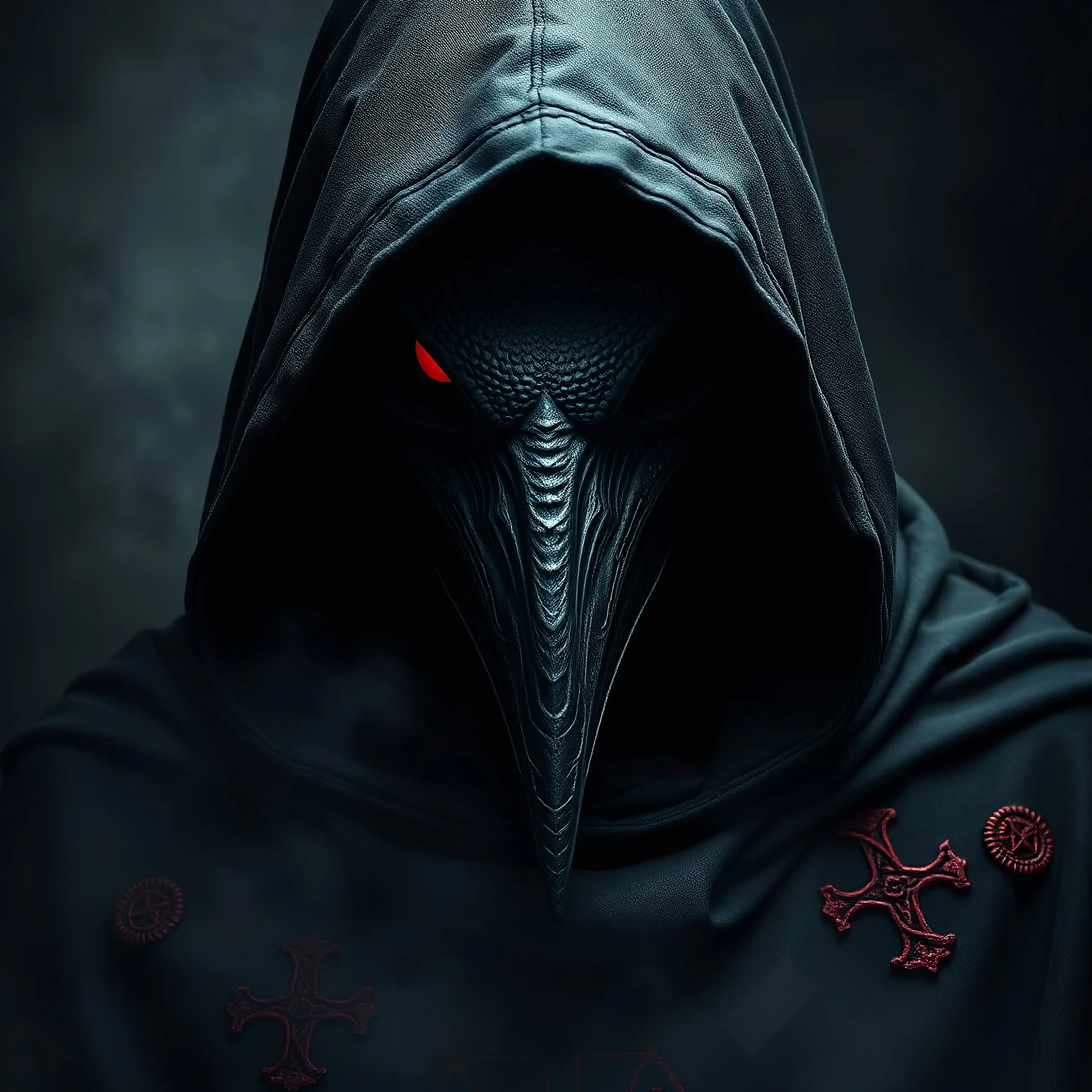 Dark, ominous figure in hooded cloak, bird-like mask with single red eye, grim visage. Detailed, textured mask and cloak, deep blacks and dark grays. Red symbols and markings, suggesting occult/religious symbolism, are visible on the clothing. Close-up, dramatic lighting accentuates the mask's detailed texture, illuminating the single crimson eye. Heavy, almost tangible shadows and dramatic lighting create a strong sense of mystery and dread. Dark, smoky background adds to the omin