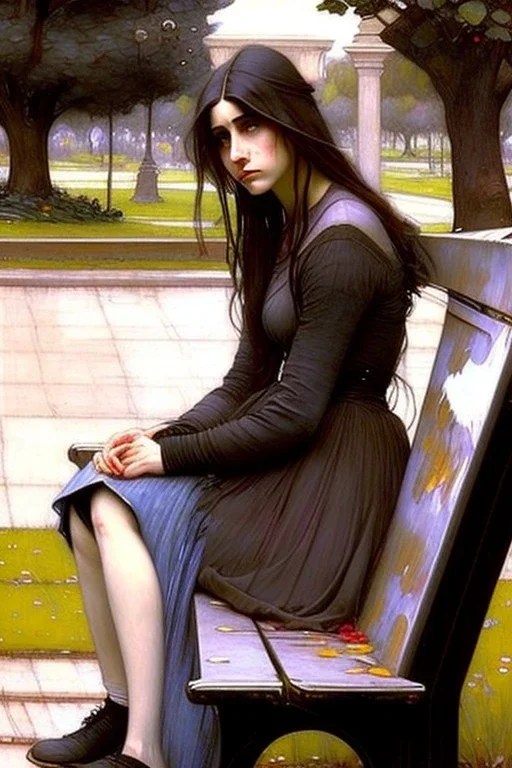 Woman sad sitting on a park bench. John William Waterhouse