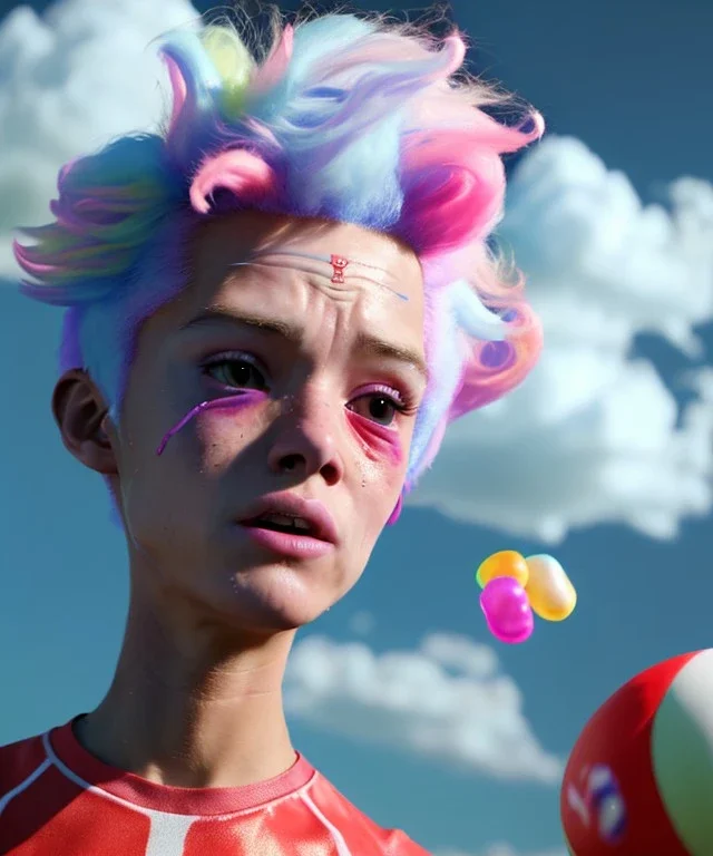 Ultra realistic speed clouds sky scene, wide angle view, sweet childs falling down, inflatable color clothing, free jumping flying, many trinkets, hair monster, many jelly beans, balls, color smoke, smile, happy, circus style, extreme, wind, clouds sea, 20,000 feet altitude, stratosphere, soft color, highly detailed, unreal engine 5, ray tracing, RTX, lumen lighting, ultra detail, volumetric lighting, 3d, finely drawn, high definition, high resolution.