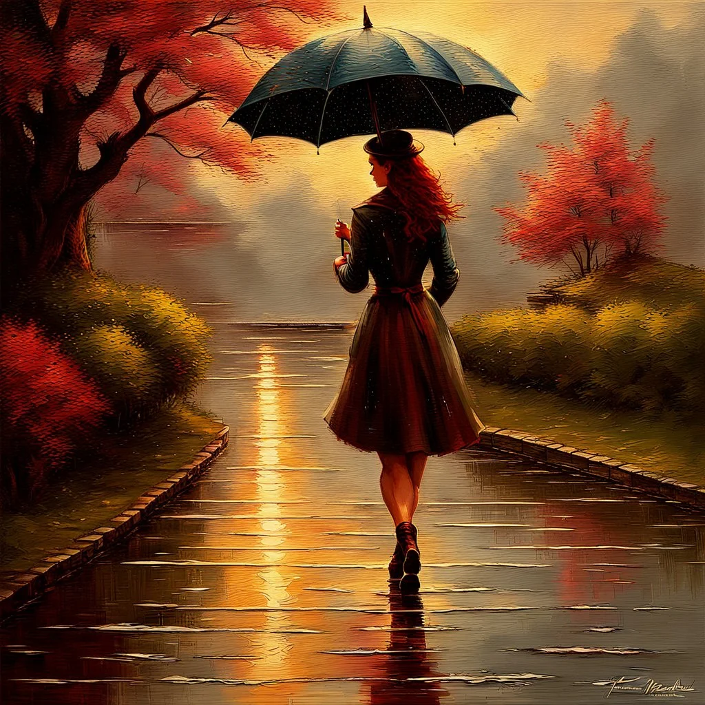 Painting of a Woman Walking in the Rain with an Umbrella, American Romance Painting, 4K Matte Thomas Kinkade, Thomas Kinkade, by Thomas Moran, inspired by Michael Komarck, ( ( Thomas Kinkade ), Thomas Kinkade, Thomas Kinkade, Thomas Kinkade Style, Thomas Kinkade Painting, Spring Eve, by Thomas Kinkade