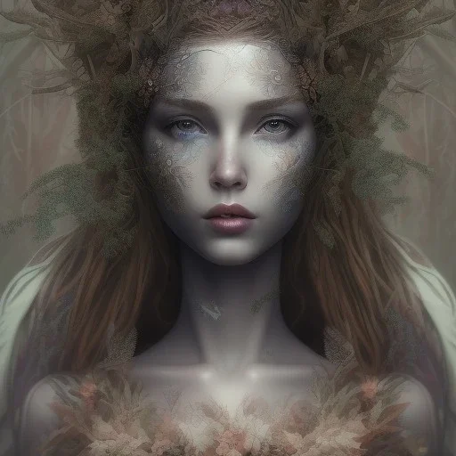 Portrait of beautiful girl, plant, metal, feathers, Dryad, fae, sidhe, ominous, nature, plants, wildflower, facepaint, dnd character portrait, intricate, oil on canvas, masterpiece, expert, insanely detailed, 4k resolution, retroanime style, cute big circular reflective eyes, cinematic smooth, intricate detail , soft smooth lighting, soft pastel colors, painted Renaissance style,bokeh, 800mm lens