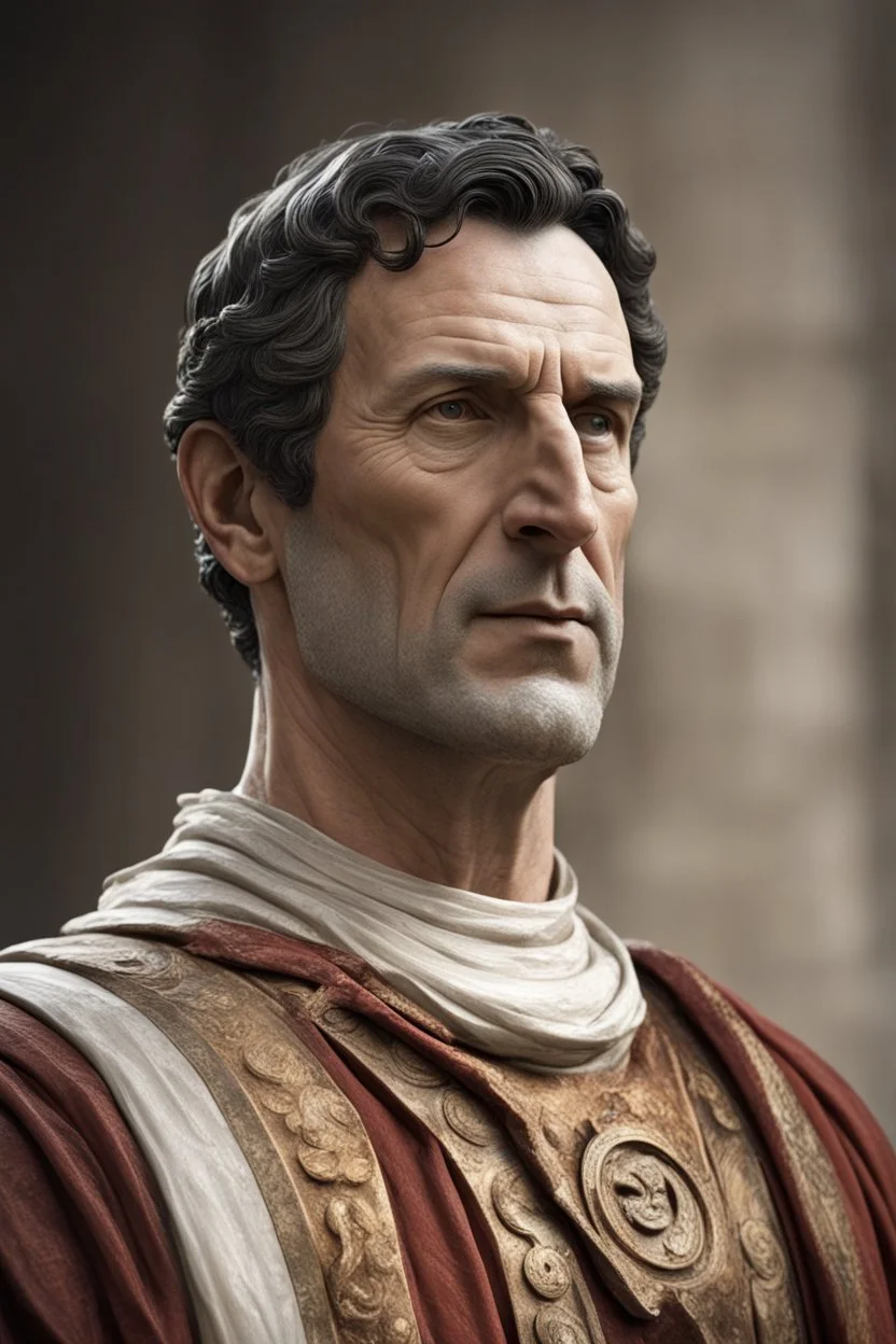 mezzo busto uomo di mezza età, naturalmente capelli scuri e carnagione chiara, magari se proprio vuoi dargli un segno particolare una piccola escrescenza vicino all'occhio tipo Cicerone (Se si vedono le mani il nell'anello senatoriale) vestito con abiti della roma antica