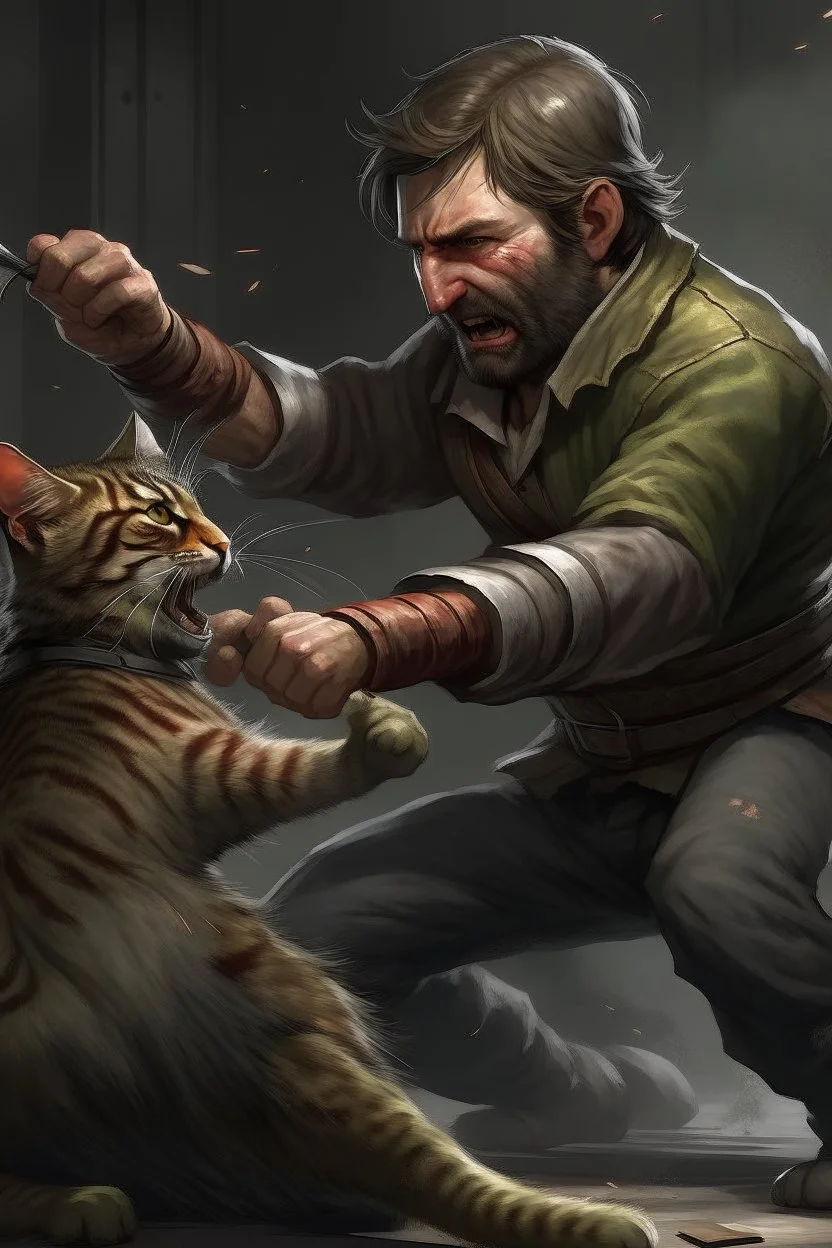 Realistic Arthur Morgan fighting a cat.