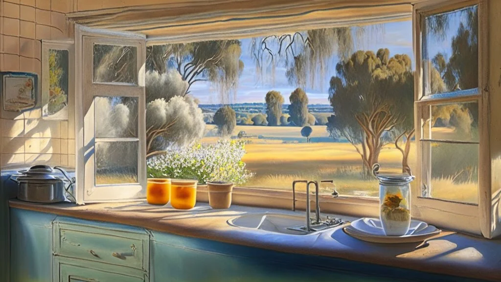 in a romantic artistic style, a view of an australian sunny peaceful outside kitchen window