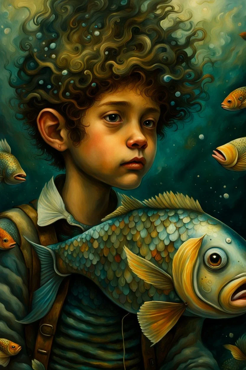 a painting of a young boy riding a fish, a storybook illustration by Esao Andrews, cgsociety, pop surrealism, storybook illustration, whimsical, detailed painting, ukiyo-e style