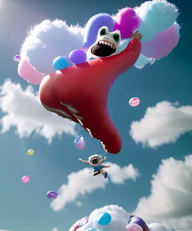 Ultra realistic clouds sky scene, wide angle, sweet childs falling down, inflatable color clothing, free jumping flying, many trinkets, monster hair, hair monster, many jelly beans, balls, smile, happy, circus style, extreme, wind, clouds sea, 20,000 feet altitude, stratosphere, soft color, highly detailed, unreal engine 5, ray tracing, RTX, lumen lighting, ultra detail, volumetric lighting, 3d, finely drawn, high definition, high resolution.