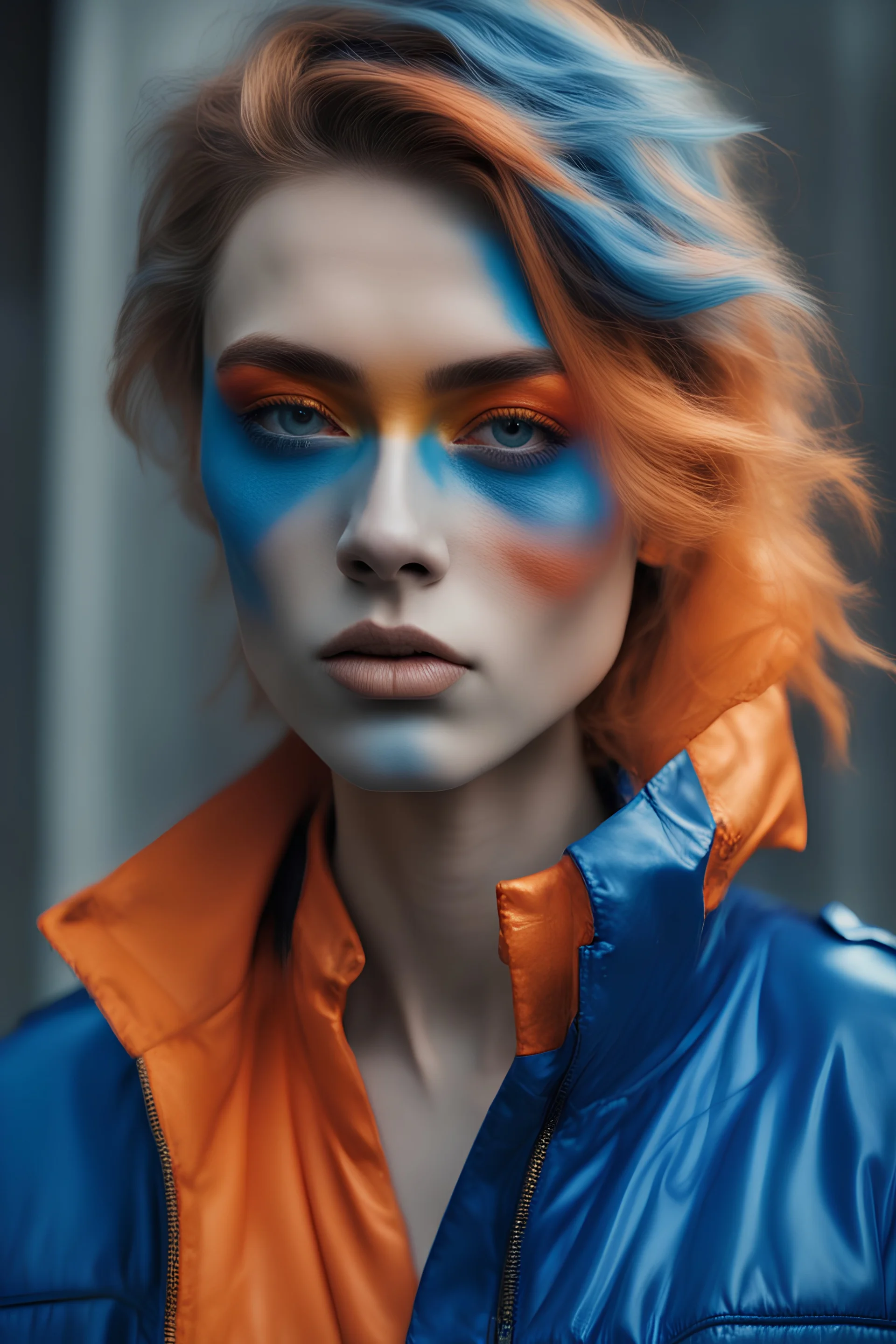 a young woman in a blue jacket with orange and blue makeup, in the style of fujifilm natura 1600, androgynous, óscar domínguez, uhd image, playing with light and shadow, klaus pillon, jagged edges