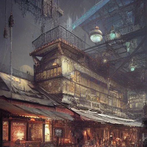 Insanely detailed photograph of an “artitcture plans of a city market at a airship station ” with intricate gears, intricate embroidered band, hyperdetailed painting by Ismail Inceoglu Huang Guangjian and Dan Witz CGSociety ZBrush Central fantasy art album cover art,8K, hdr, romantic, mysterious, ominous, flowers, jewelry, steam,oil,cafe,street vendors