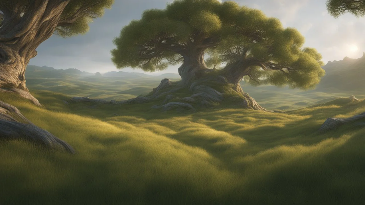 An endless steppe undulating with Hills covered in 10 ancient white oaks glowing with magic. a small green dragon hiding in the grass. fantasy concept art, exquisite realism, a masterpiece, dynamic lighting, hyperdetailed, intricately detailed, deep color, Unreal Engine, volumetric lighting , Epic cinematic brilliant stunning intricate meticulously detailed dramatic atmospheric maximal,