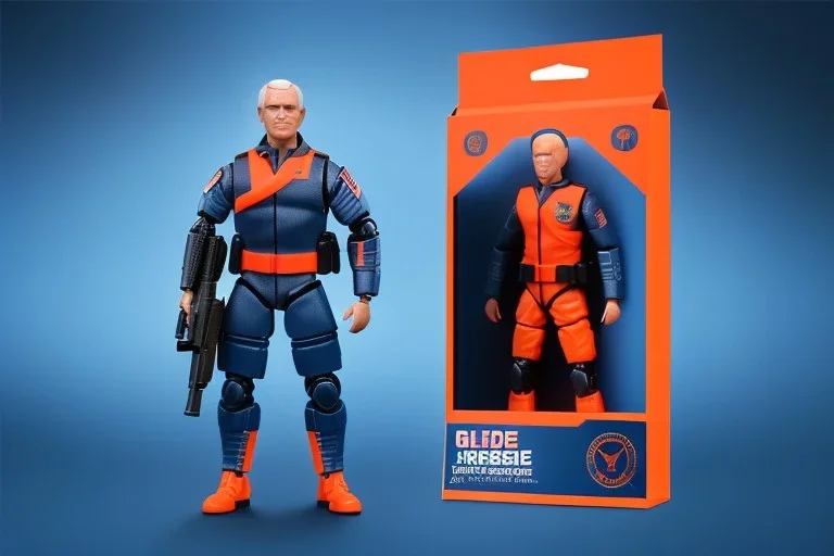 packaging label Mike pence g.i. joe toy With a gun space force Blue uniform action figure, fluorescent orange, whole body