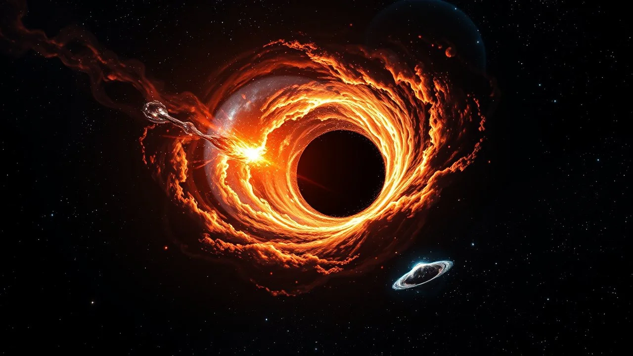 Intense worm Hole explosion in deep space. Wormhole apocalypse wipes out Universe. Worm-hole collision explodes in outer space. Epic galaxy with growing black hole. Cinematic interstellar