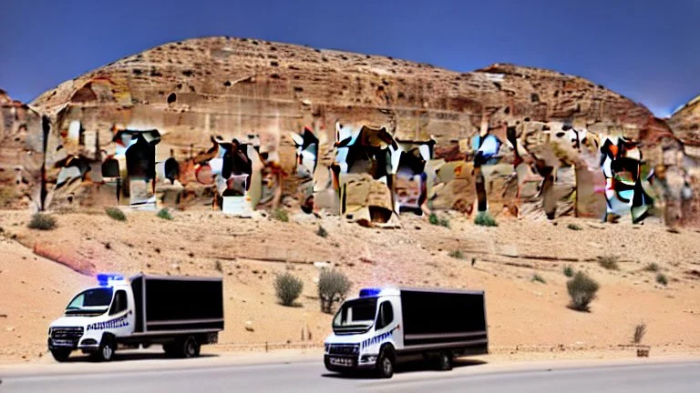 A police Tesla Cybertruck is chasing a Tesla 'Model S Plaid' at top speed, at Petra, in Jordan. CINEMATIC. WIDE ANGLE LENS.