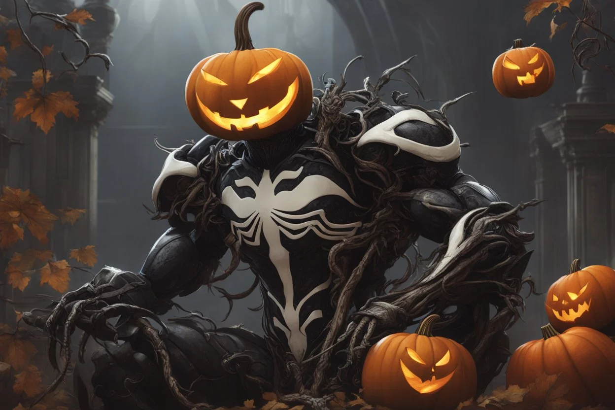 venom machine with pumpkin head in nier automata artstyle, halloween them, close picture, fantasy world, intricate details, highly detailed, high details, detailed portrait, masterpiece,ultra detailed, ultra quality