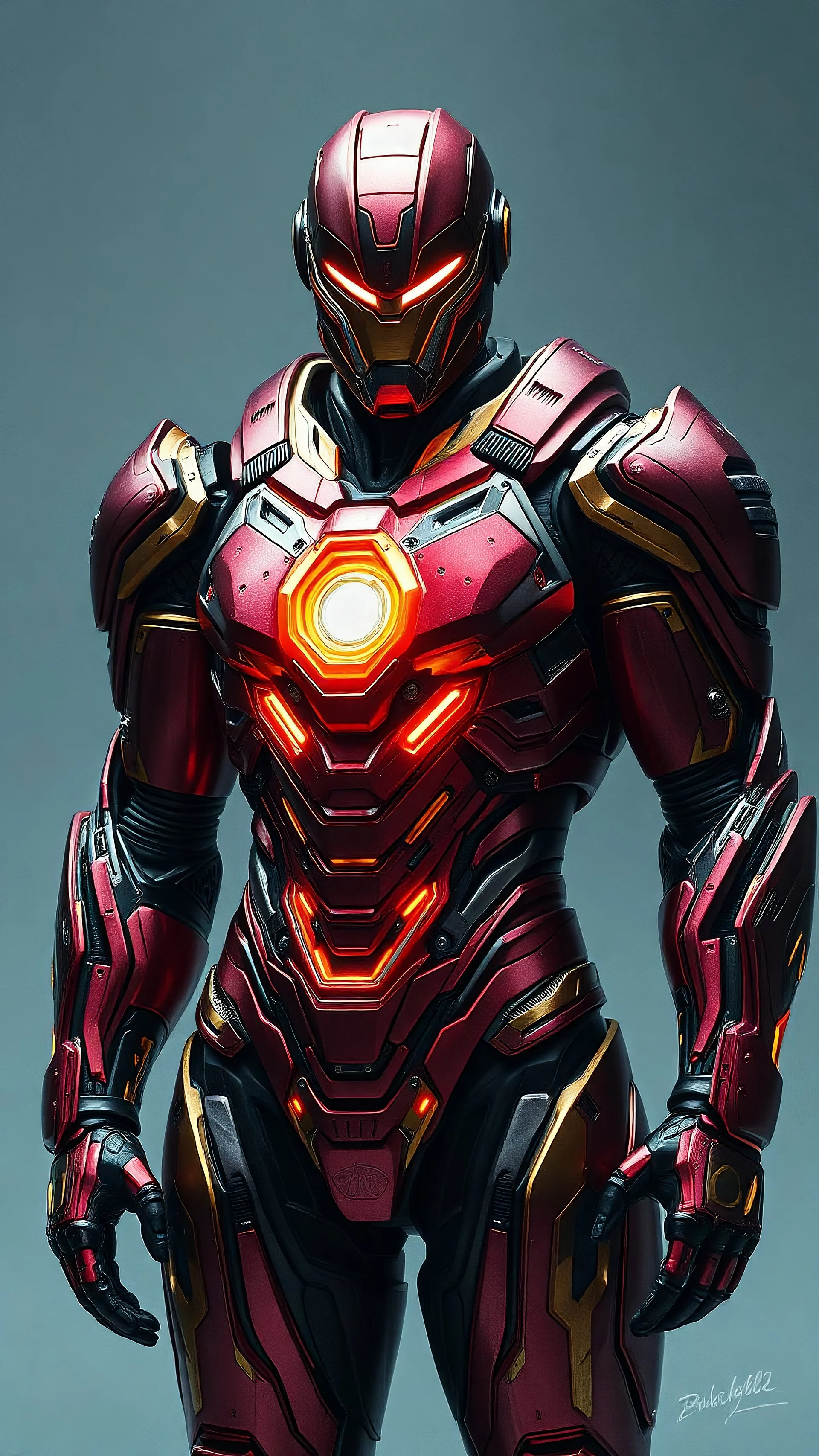 Here is an ekphrastic prompt for the image: A powerful armored figure stands as the epitome of technological elegance and raw strength, encased in a crimson and gold exosuit that exudes an aura of invincibility. The suit is a masterpiece of intricate plating, blending smooth metallic curves with rugged, battle-worn edges. The chest is dominated by a glowing arc reactor, radiating a vibrant, otherworldly energy that highlights the suit's advanced design. The helmet is sleek and angular, its glowi