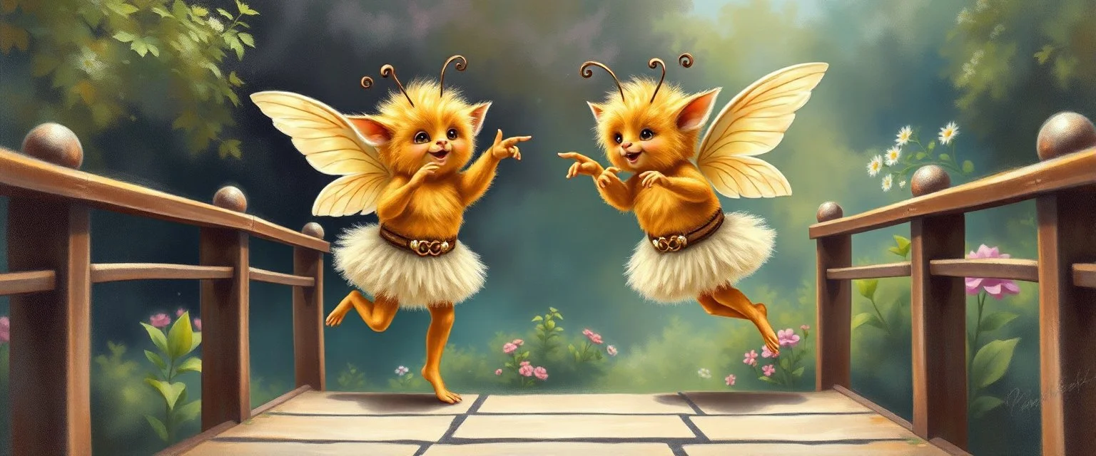 two totally symmetric dancing fluffy angel gremlin bumblebee nice cheerleader singing on bridge pointing down in garden , full body portrait T-pose strong aura, oil painting and air brush