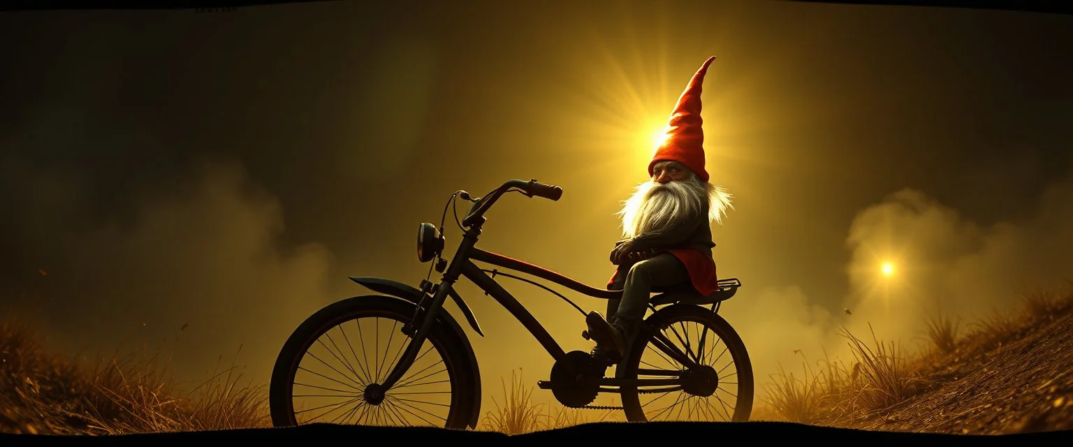style John Atkinson Grimshaw,3d airbrush render, cut out darkling slender gnome on huge bike with bright aura , pinhole cam, airbrush 3d rendering, torn edges on border