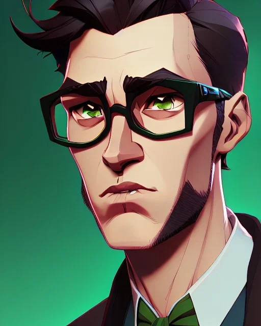 Fit man in round glasses, wavy hair, stubble, slim, tie, monotone, green eyes, comic book style, two tone colours, detailed, ink, realistic, handsome, square jaw, big brows, no jacket, bird on the shoulder, spotlight