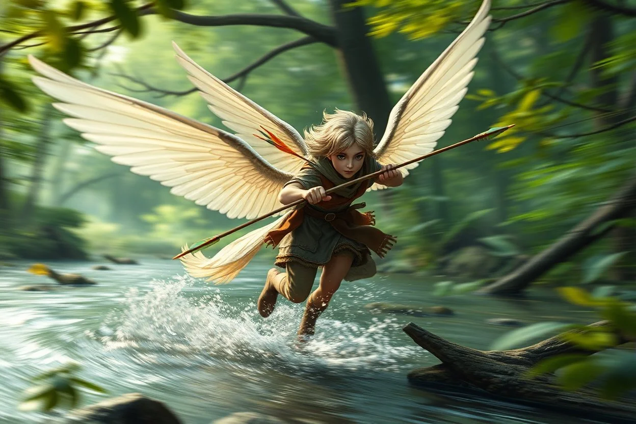 oil painting ,motion blur running caped long haired male angel pixie Quickling - Forgotten Realms dodging arrows above water and along winding branches in lush green forest holding arms around neck of speeding pegasi, bokeh like f/0.8, tilt-shift lens 8k, high detail, smooth render, down-light, unreal engine, prize winning