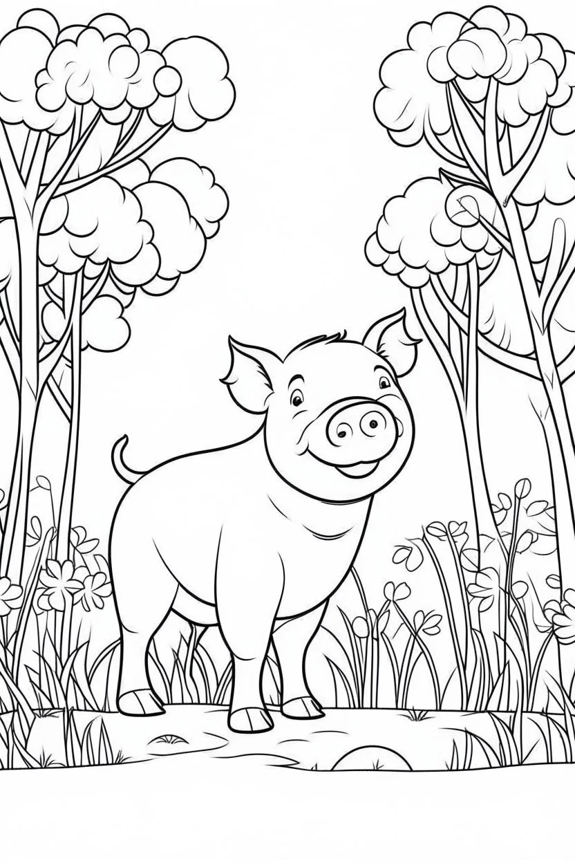 Outline art, no shading, pig standing in the bush, full body, cartoon style, black and white, low detail, --ar 9:11