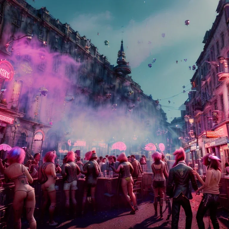 Ultra Realistic photo, medium shot view, drunken women, carnival scene, sexy steampunk. Pink hair, confeti, Sunglasses, smoking, happy, festival, red fog. highly detailed, concept art, unreal engine 5, ray tracing, RTX, lumen lighting, ultra detail, volumetric lighting, 3d, finely drawn, high definition, high resolution.