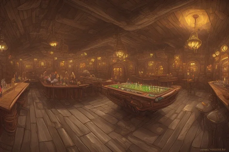 fantasy setting, a tavern, with a large dining room and a bar on one side. At the bar, a larger, older man with no hair is standing, conversing with a dwarf sitting in a bar stool on the other side. A large fireplace in the center of the room. In addition to that, there are a handful of guests scattered around the room…