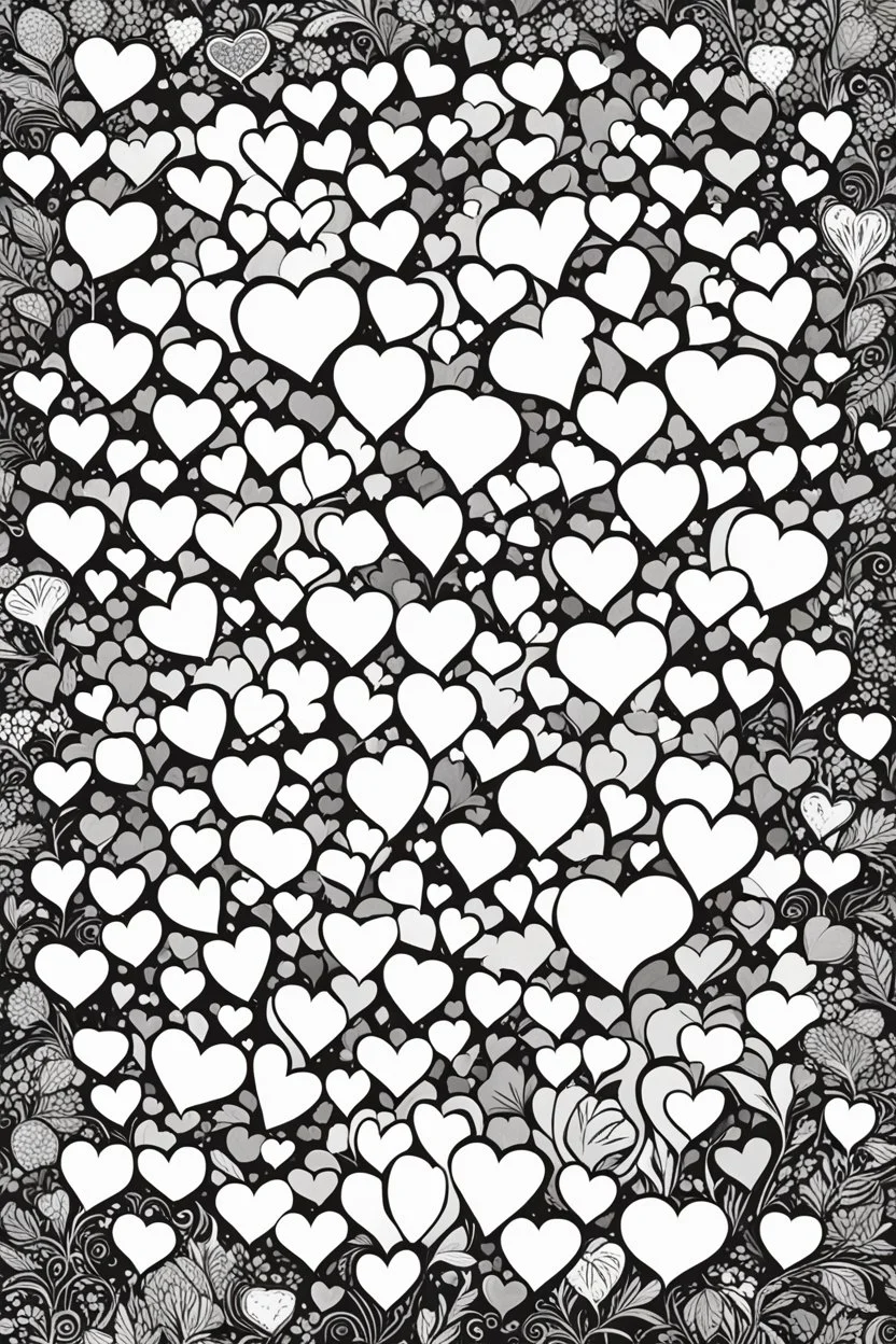 create a coloring page of a bunch of hearts over the page, black and white