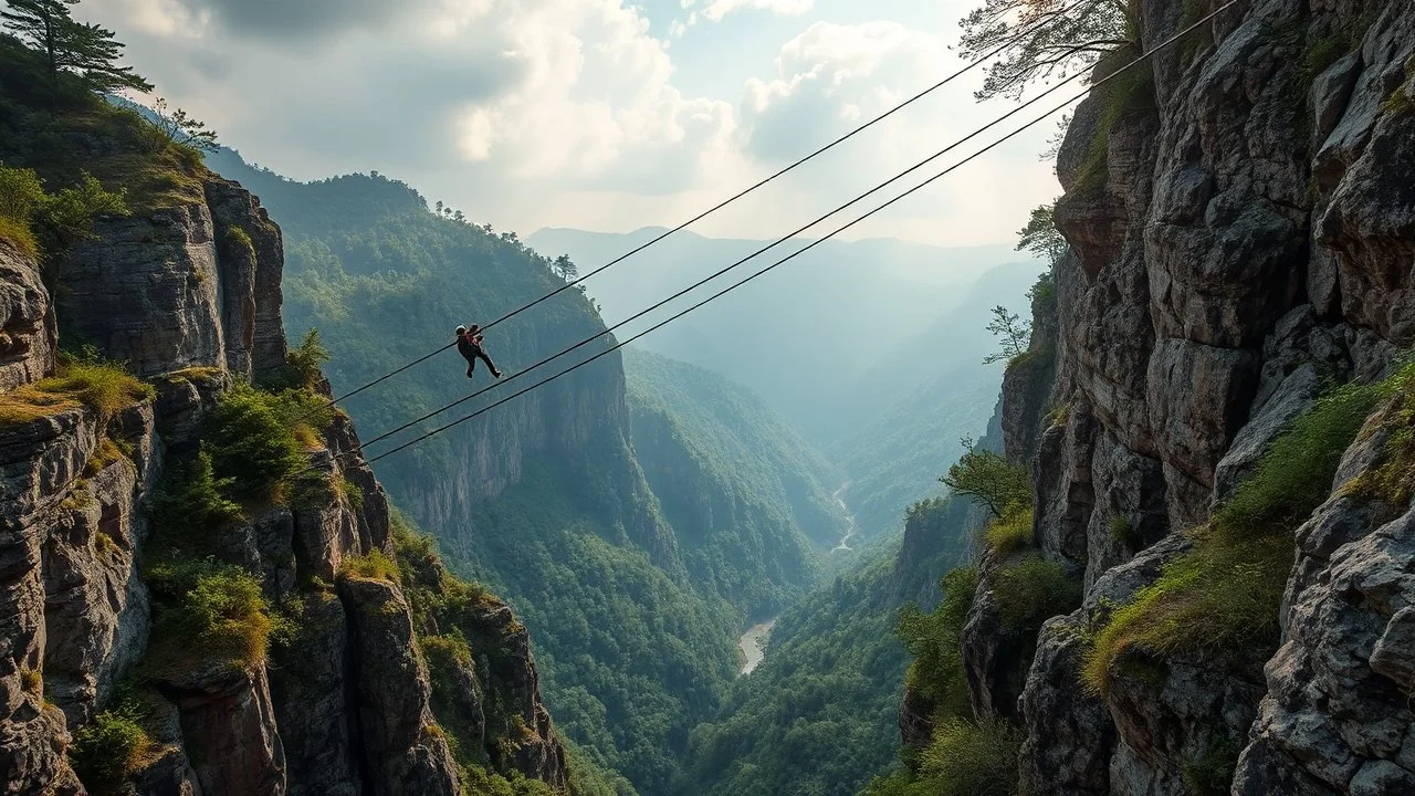 Zip wire across ravine, award-winning photograph, beautiful composition, exquisite detail and illumination