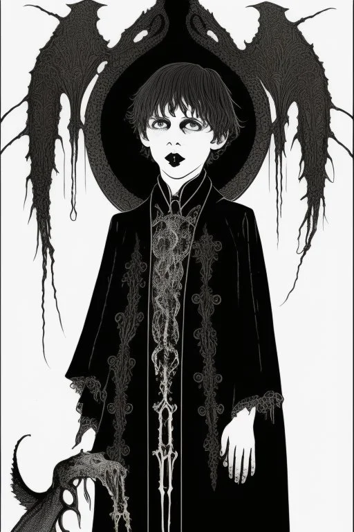 7 year old boy, necromancer, friendly, looks dead,with a long lamprey emerging from his belly , wearing black robes, in the style of Harry Clarke
